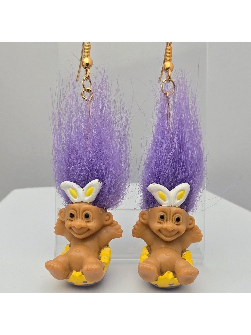 Easter Troll Doll Purple Hair Earrings Retro Russ Berrie Wacky Wabbit 3”